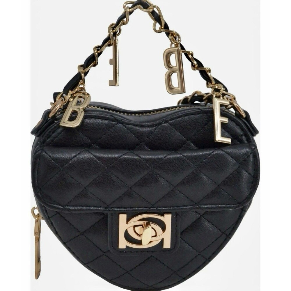 Bebe Solana Quilted Heart Vegan Leather Crossbody Black Bag Purse NWT $89
